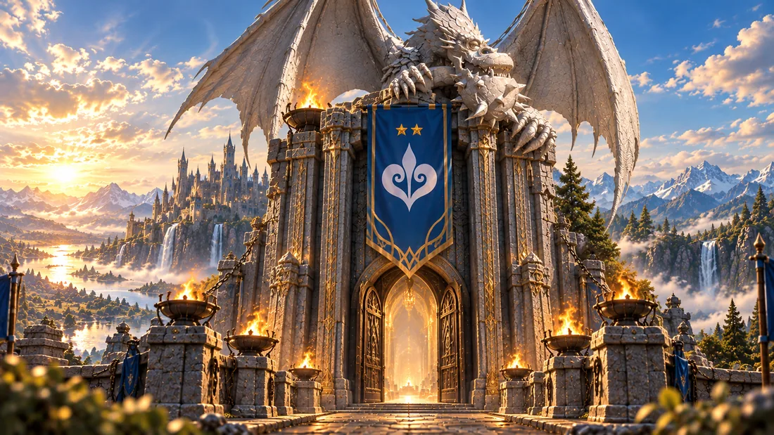 The DoU Bastion beneath a white dragon and blue alliance banner